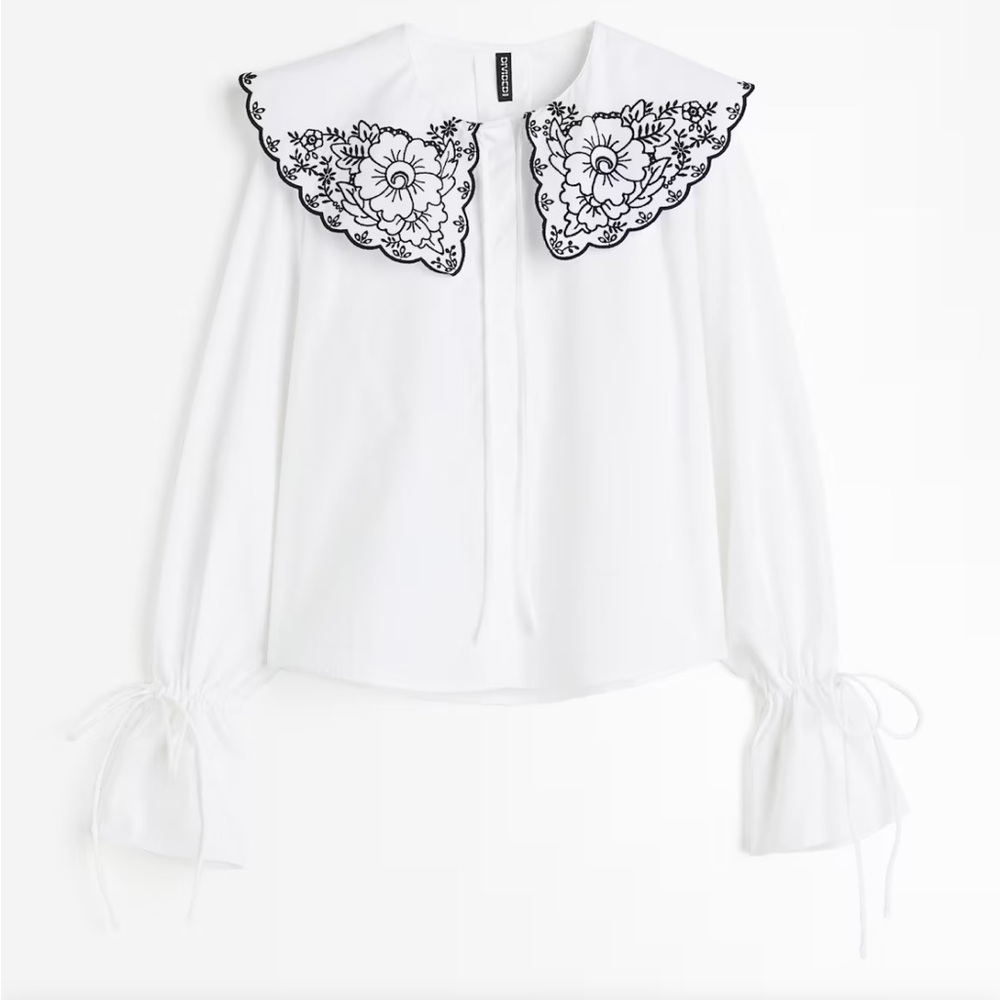 H&M Poplin Blouse with Floral Embroidery